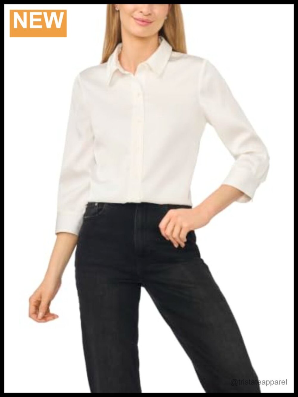 3/4 Sleeve Button Down Blouse Round Neck Roll Up Sleeve Polyester